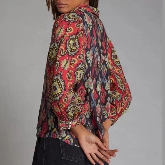 Anthropologie Forever That Girl Ikat Paisley Contrast Print Top Button Blouse XS - Picture 8 of 16